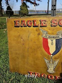 Old Antique Vtg EAGLE SCOUTS TROOP 10 B. S. A. Hand Painted Metal Sign 16 X 24