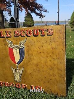 Old Antique Vtg EAGLE SCOUTS TROOP 10 B. S. A. Hand Painted Metal Sign 16 X 24