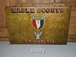 Old Antique Vtg EAGLE SCOUTS TROOP 10 B. S. A. Hand Painted Metal Sign 16 X 24