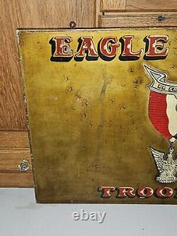 Old Antique Vtg EAGLE SCOUTS TROOP 10 B. S. A. Hand Painted Metal Sign 16 X 24
