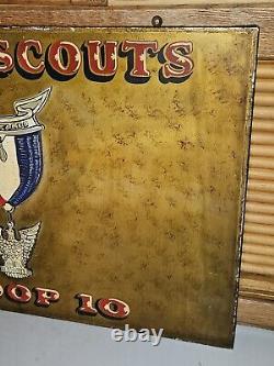 Old Antique Vtg EAGLE SCOUTS TROOP 10 B. S. A. Hand Painted Metal Sign 16 X 24