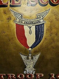 Old Antique Vtg EAGLE SCOUTS TROOP 10 B. S. A. Hand Painted Metal Sign 16 X 24