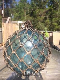 Old Authentic Large Signed T Vtg Antique Glass Fishing Float Rope Buoy Ball #1