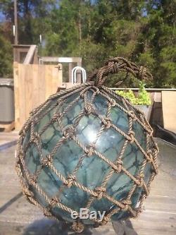 Old Authentic Large Signed T Vtg Antique Glass Fishing Float Rope Buoy Ball #1