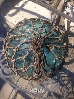 Old Authentic Large Signed T Vtg Antique Glass Fishing Float Rope Buoy Ball #1