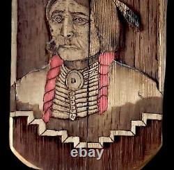 Old Carved Natural Wood Native American Relief Portrait Signed Lrg Folk Art