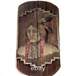 Old Carved Natural Wood Native American Relief Portrait Signed Lrg Folk Art