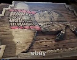 Old Carved Natural Wood Native American Relief Portrait Signed Lrg Folk Art