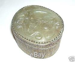 Old Chinese Carved White Jade Dragon Silver Gilt Bronze Metal Box Signed