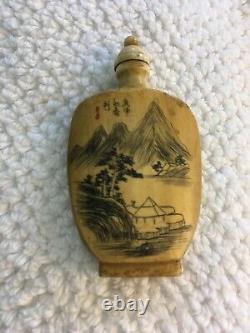 Old Chinese carved etched snuff bottle signed