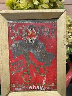 Old Collectible Antique Scissors Cigarettes Adv Tin Sign Board Framed Wall Decor