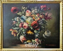 Old Dutch School Style, Still Life Flowers Oil Painting, Carved Gilt Wood Frame