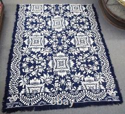 Old EARLY 74 x 95 Antique 1858 Floral Blue & White COVERLET SIGNED Sarah Allen