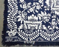 Old EARLY 74 x 95 Antique 1858 Floral Blue & White COVERLET SIGNED Sarah Allen