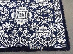 Old EARLY 74 x 95 Antique 1858 Floral Blue & White COVERLET SIGNED Sarah Allen