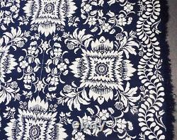 Old EARLY 74 x 95 Antique 1858 Floral Blue & White COVERLET SIGNED Sarah Allen