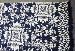 Old EARLY 74 x 95 Antique 1858 Floral Blue & White COVERLET SIGNED Sarah Allen
