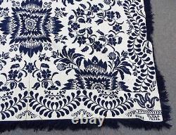 Old EARLY 74 x 95 Antique 1858 Floral Blue & White COVERLET SIGNED Sarah Allen