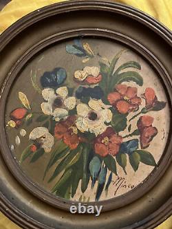 Old Folk Floral Wall Art Antique Flowers Oil Painting Vintage Round Frame