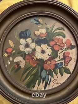 Old Folk Floral Wall Art Antique Flowers Oil Painting Vintage Round Frame