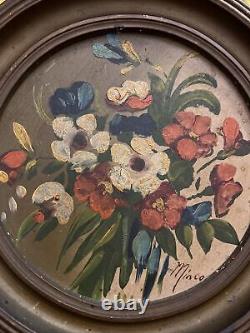Old Folk Floral Wall Art Antique Flowers Oil Painting Vintage Round Frame