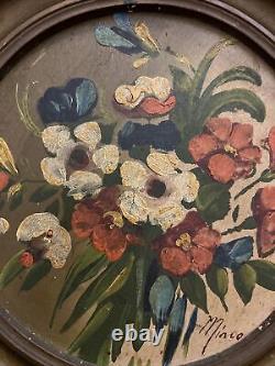 Old Folk Floral Wall Art Antique Flowers Oil Painting Vintage Round Frame