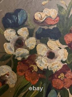 Old Folk Floral Wall Art Antique Flowers Oil Painting Vintage Round Frame