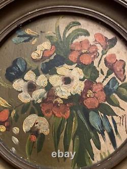 Old Folk Floral Wall Art Antique Flowers Oil Painting Vintage Round Frame