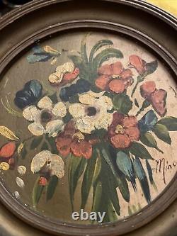 Old Folk Floral Wall Art Antique Flowers Oil Painting Vintage Round Frame