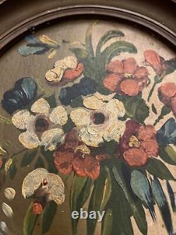 Old Folk Floral Wall Art Antique Flowers Oil Painting Vintage Round Frame