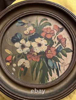 Old Folk Floral Wall Art Antique Flowers Oil Painting Vintage Round Frame