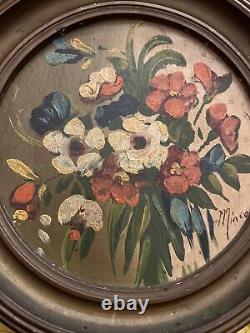 Old Folk Floral Wall Art Antique Flowers Oil Painting Vintage Round Frame