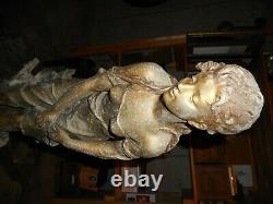 Old French metal statue of lovely woman, signed Moreau with Paris foundry mark