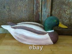 Old Hand carved Hand Painted Wood Folk Art Duck Decoy Mallard RUSSEL BROWN