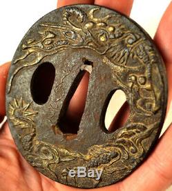 Old Japanese Wakizashi Sword Tsuba Dragon Gold Signed Forged Iron