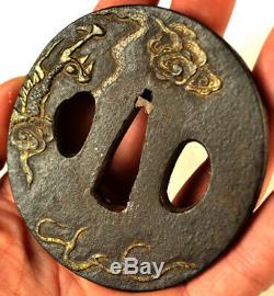 Old Japanese Wakizashi Sword Tsuba Dragon Gold Signed Forged Iron