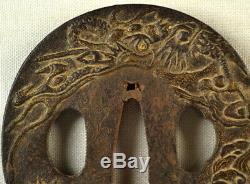 Old Japanese Wakizashi Sword Tsuba Dragon Gold Signed Forged Iron