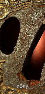Old Japanese Wakizashi Sword Tsuba Dragon Gold Signed Forged Iron