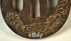 Old Japanese Wakizashi Sword Tsuba Dragon Gold Signed Forged Iron