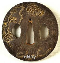 Old Japanese Wakizashi Sword Tsuba Dragon Gold Signed Forged Iron