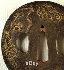 Old Japanese Wakizashi Sword Tsuba Dragon Gold Signed Forged Iron