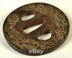 Old Japanese Wakizashi Sword Tsuba Dragon Gold Signed Forged Iron