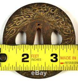 Old Japanese Wakizashi Sword Tsuba Dragon Gold Signed Forged Iron