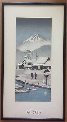 Old Japanese Woodblock Print of Military Fort and Mt Fuji in Snow, signed