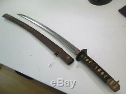 Old Japanese Wwii Samurai Sword W Scabbard Old Blade Cut Down Signed Naga #7/27