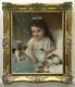 Old Master-art Antique Oil Painting Portrait Small Girl Cat On Canvas 20x24