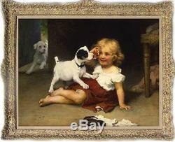 Old Master-Art Antique Oil Painting Portrait small girl dog on canvas 30x40