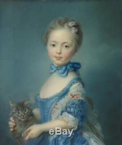 Old Master-Art Antique portrait oil Painting Small girl Cat on canvas 20x24
