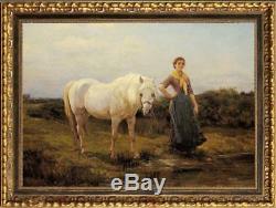 Old Master-Art Portrait Antique Oil Painting girl horse on canvas 24x36