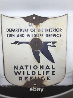 Old National Wildlife Refuge Porcelain sign with bullet hole on goose